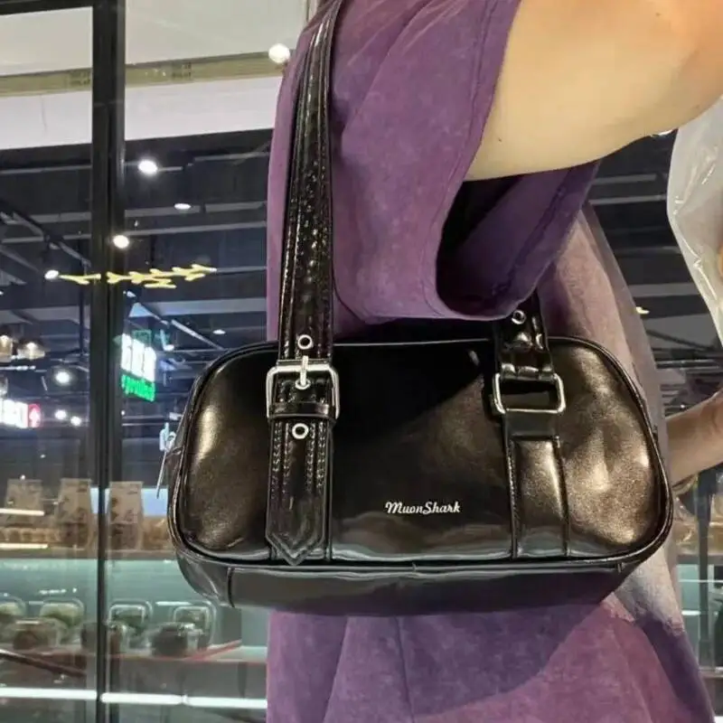 Bloom Black Shoulder Bags Women New High Street Pu Leather Casual Y2k Handbag Female Vintage Square Underarm Bag Purse