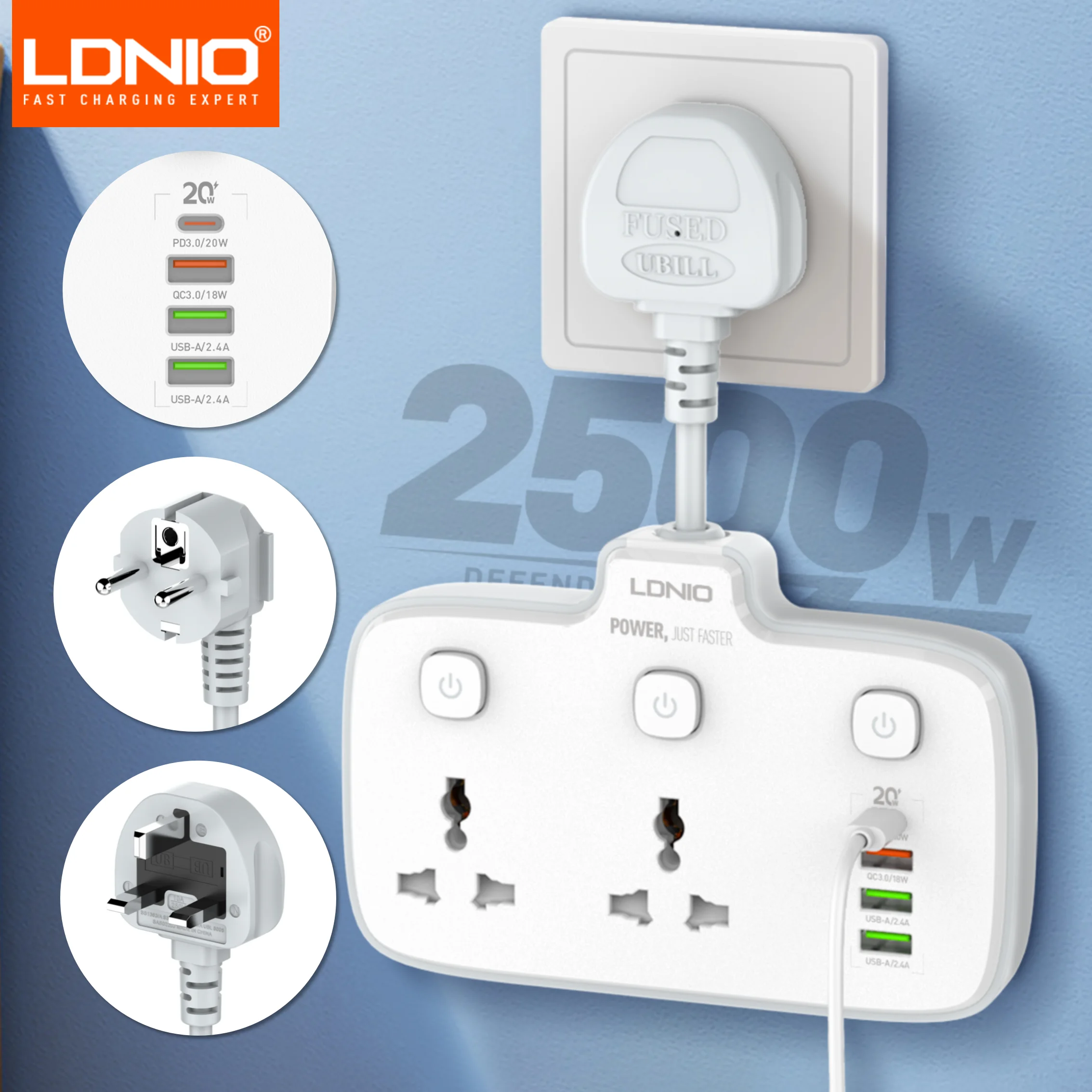 LDNIO Universal 20W Power Strip Sockets 2 Outlet PD QC3.0 Port Fast Charging Independent Switch Multifunctional Socket SC2413