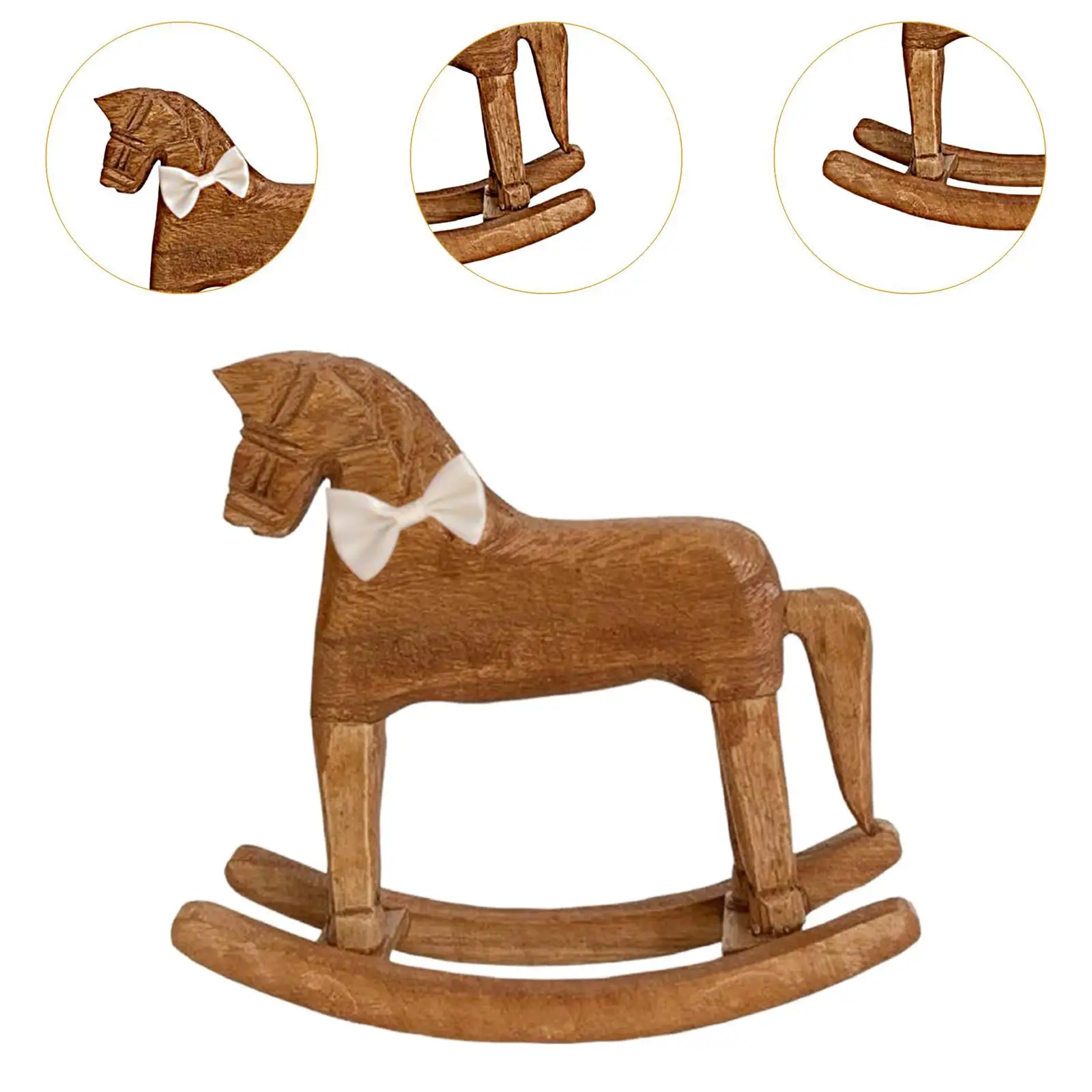 Rocking Horse Figurine Wood Craft Table Decoration Vintage Ornament Artwork for Living Room Cabinet Home