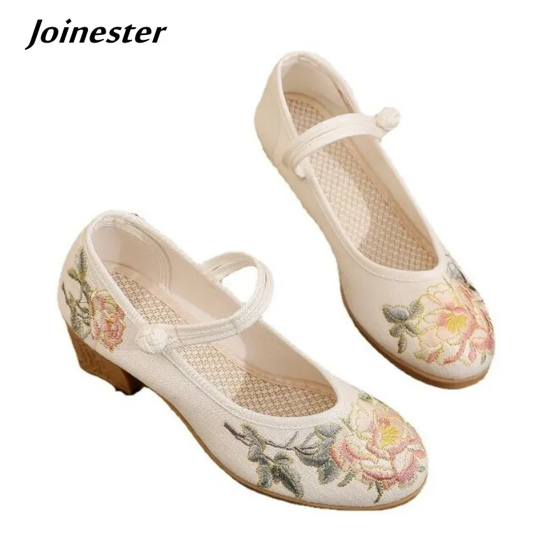 Women Embroidered Mid Heel Mary Jane Shoes Ethnic Style Ankle Strap Dress Pumps for Summer Ladies Elegant Dance Shoe