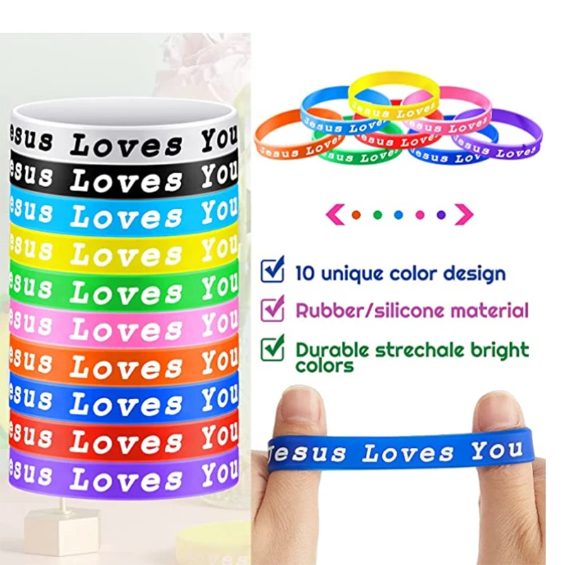 10 Pieces Colorful Jesus Silicone Bracelets Christian Jesus Loves Me Rubber Bracelet Inspirational Jesus Silicone Band Man Women