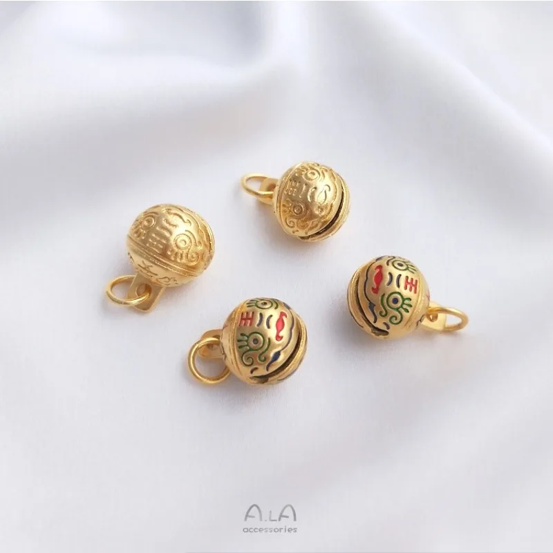 Color Retention Sand Gold Tiger Head Bell Pendant, Enamel Palace Bell Charm for Handwoven Bracelet & DIY Jewelry Accessories