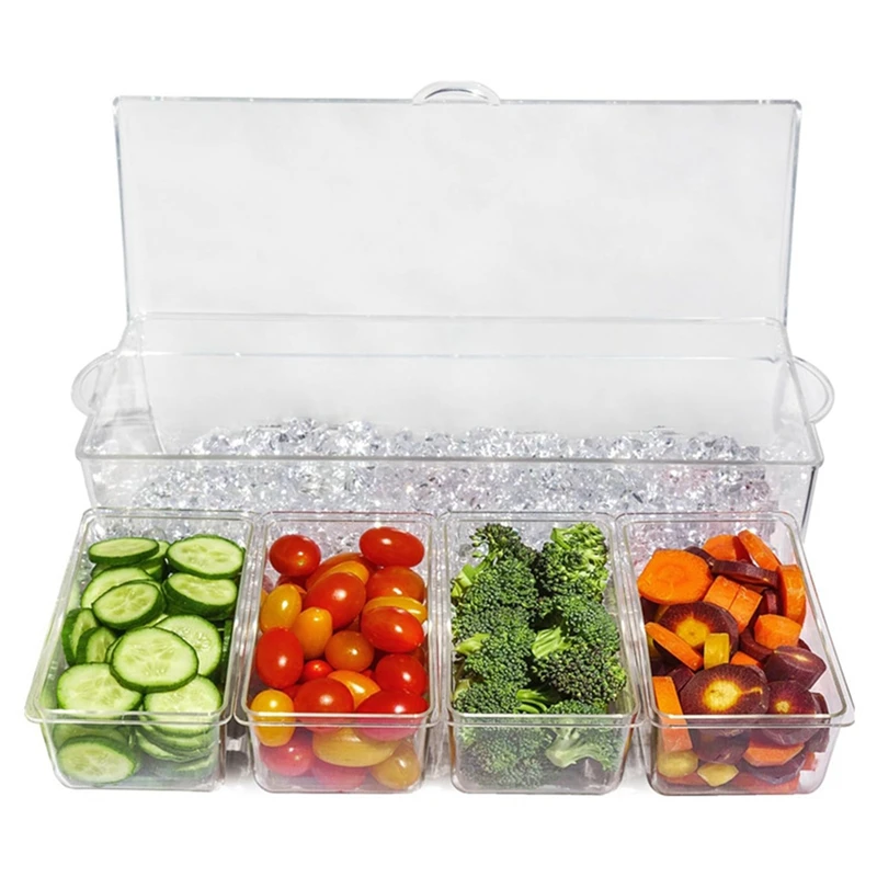 Serving Tray Platter With Ice Chilled Condiment Server, 4 Individual Containers With Lids