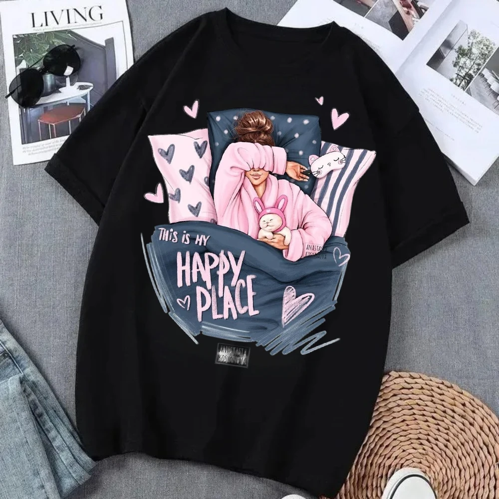 Korean Style Short-sleeved This Is My Happy Place T-Shirt Cute Cozy Bed Graphic Tee Trendy Ins Aesthetic Top for Women & Girls