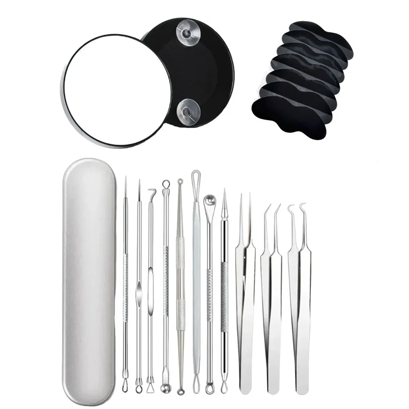 Morsetto per cella ad ago per acne in acciaio inossidabile per rimuovere la spremitura dei brufoli Kit Specchio ingranditore per trucco Rimuovere strisce nasali per punti neri
