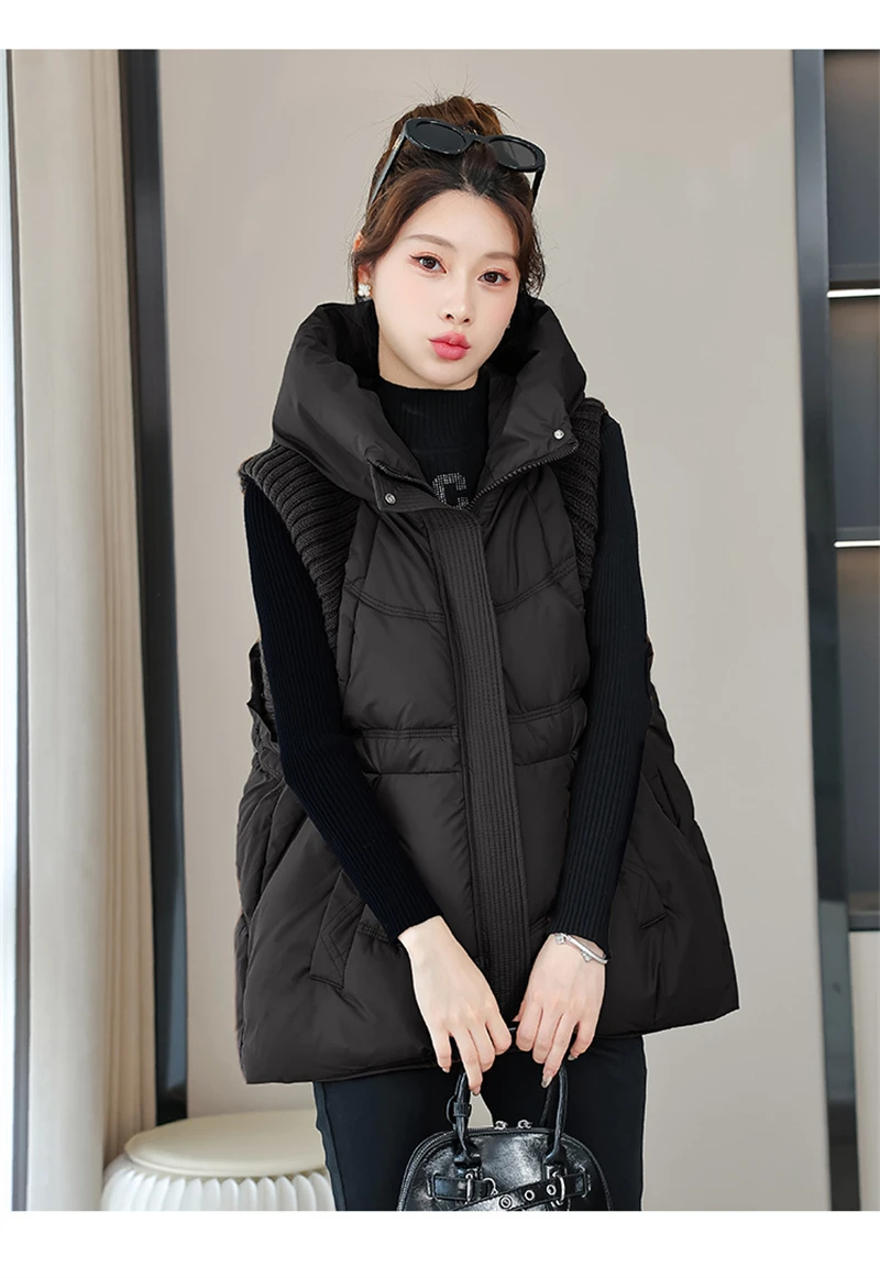 A-word Vest Down Cotton Padded Jackets Short Waistcoat Mid-Length Slim Hooded Autumn Winter Jackets Solid Women's Coats Trend