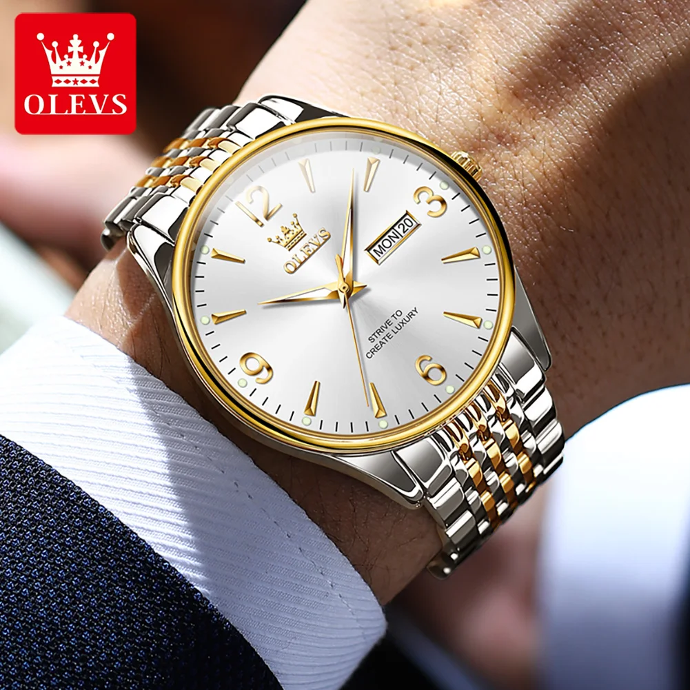 OLEVS 2928 Number Scale Quartz Watch For Men Luxury Top Brand Dual Calendar Wristwatch Stainless Steel Waterproof Man Watch 2024