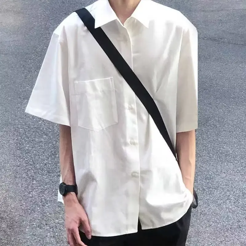 

White Loose Fit Short Sleeve Shirt Summer Style Casual Outerwear for Men Thin Pure Color Flip Collar Button Detail Shirt