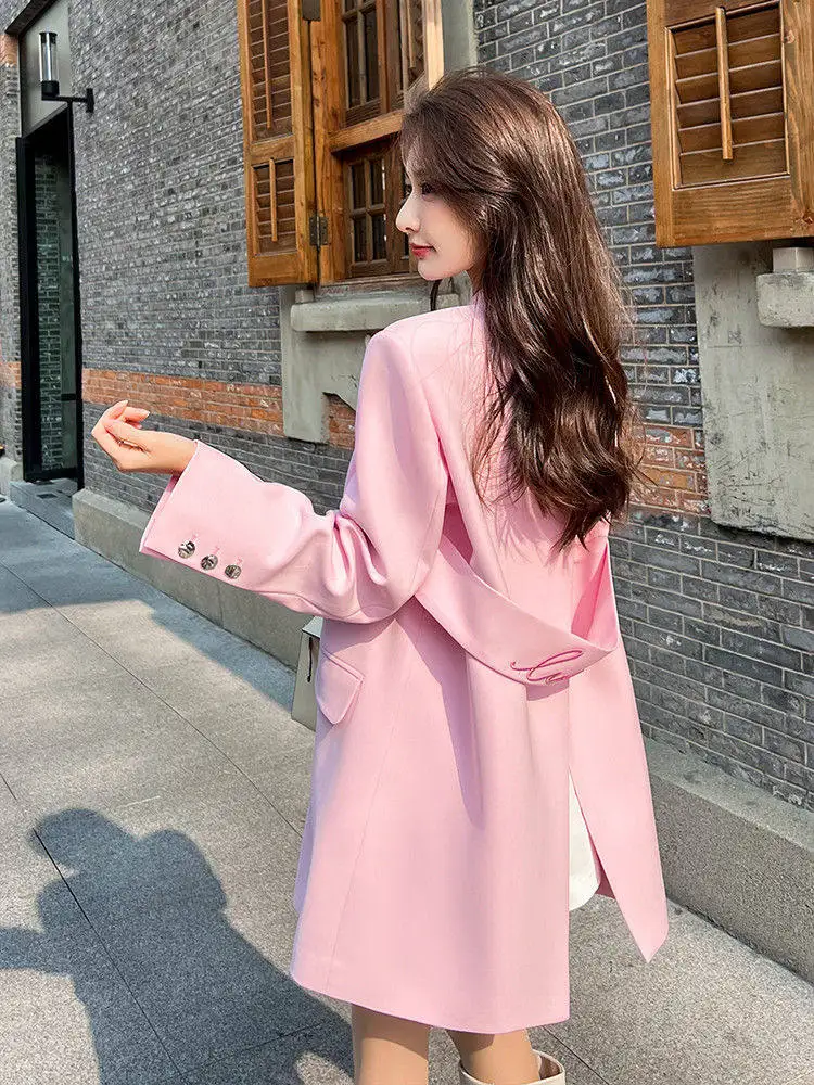 Women's Pink Back Belt Blazer Coat 2026 New Embroidered Back Split Long Sleeve Oversized Casual Suit Jacket Chic Elegant Commute