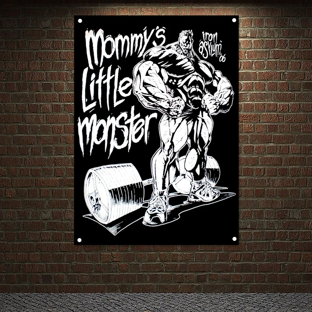 Mommy's Liffle Monster Gym Decor Man Muscular Body Workout Banner Wall Hanging Inspirational Poster Tapestry 4 Grommets Flag