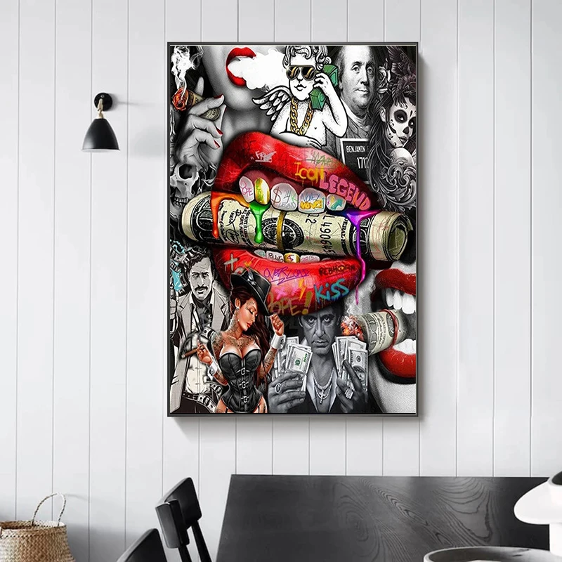 Famous Movie Star Pop Art Picture Red Lips Mouth Money Graffiti Canvas Posters Prints Street Fashion Wall Art Home Room Decor