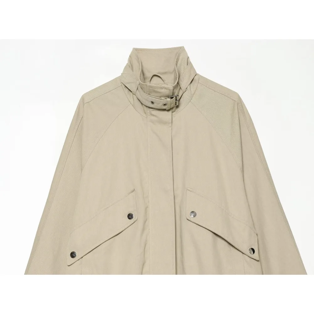 New in Classic Oversized High Collar Bomber Jackets for Women Fashion Taupe Brown Zippered Jackets with Front Flaps and Pockets