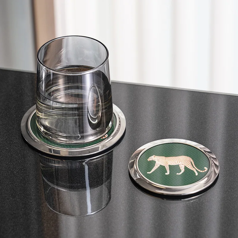 Stainless Steel Coaster Tea Cup Table Mats Acrylic, Heat Insulation. Leopard Round Shape with Mild Steel Shelf Bracket
