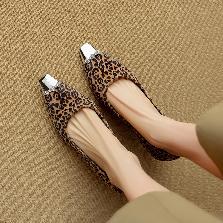 

2025 Spring New Pumps Leopard Horsehair Dress Women Pumps Crystal Metal Square Toe High Heels Party Shoes Black Chaussure Femmes