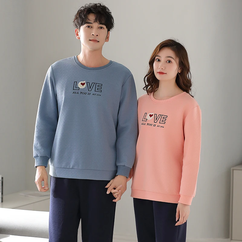 Triple layer thin cotton pajamas autumn and winter couple style pullover round neck men's pajamas women's pajamas casual set