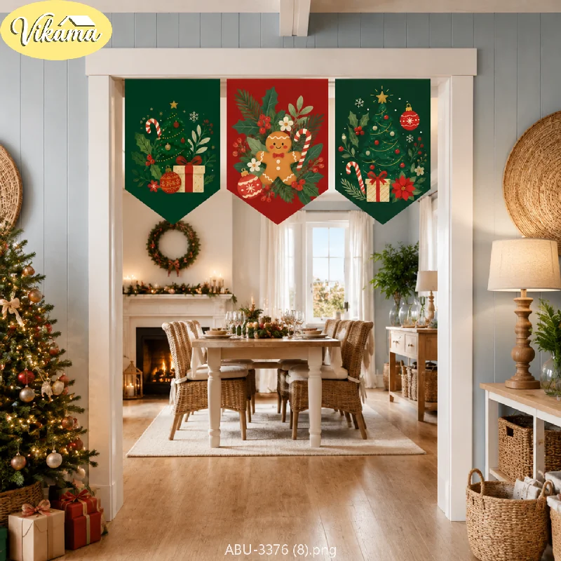 VIKAMA Christmas Gingerbread Man Pennant Banner Tree Candy Cane Gift Flower Red Green Door Hanging Bedroom Living Room Dorm Home