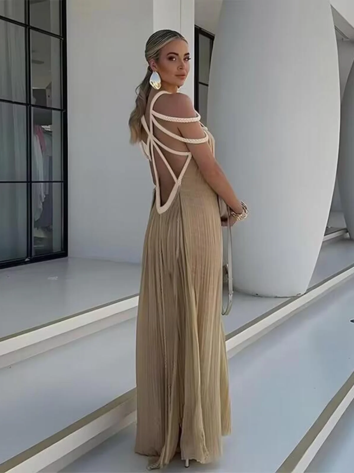 Sexy oulder Bared Beach Dr femmes ample été Vaion décontracté tricot corde attaché robe taille moyenne Polyester Fiber V Ne