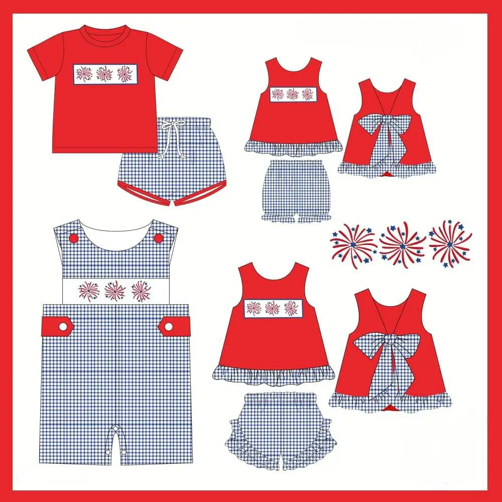 Boutique children's summer clothing milk silk custom red top green plaid pants for baby boy and baby 7.4 suit firework print