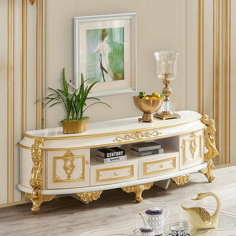 European Classic Style Royal Luxury TV Cabinet Villa Furniture Home Storage White and Gold Large Wood Living Room TV Cabinet