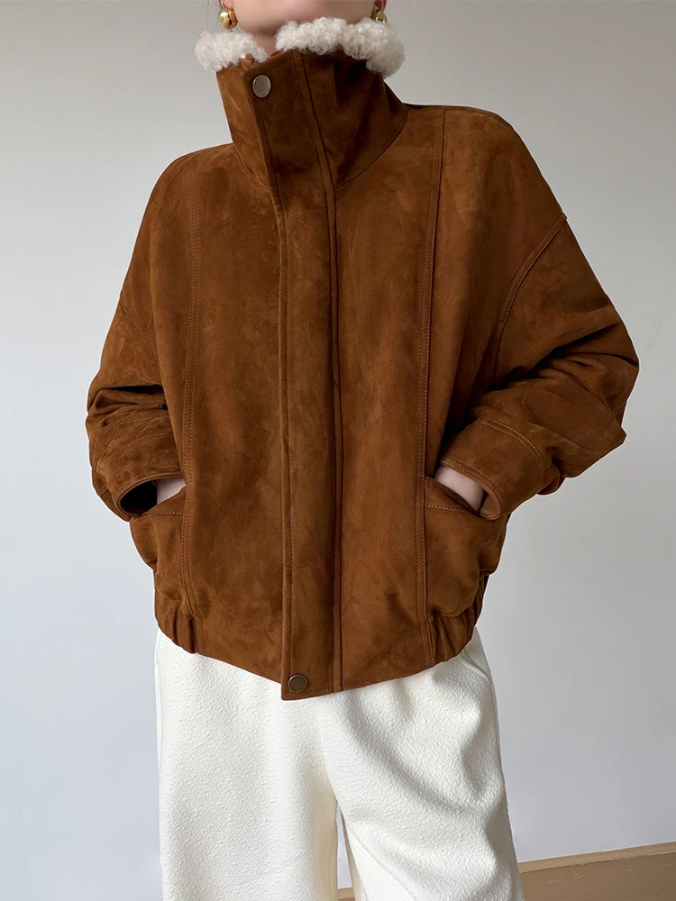 Krótkie kurtki zimowe damskie z prawdziwej skóry vintage, zamszowe, wysokiej jakości, proste, z naturalnym kołnierzem z wełny jagnięcej, prawdziwa skóra kozia, płaszcz z puchem gęsim.