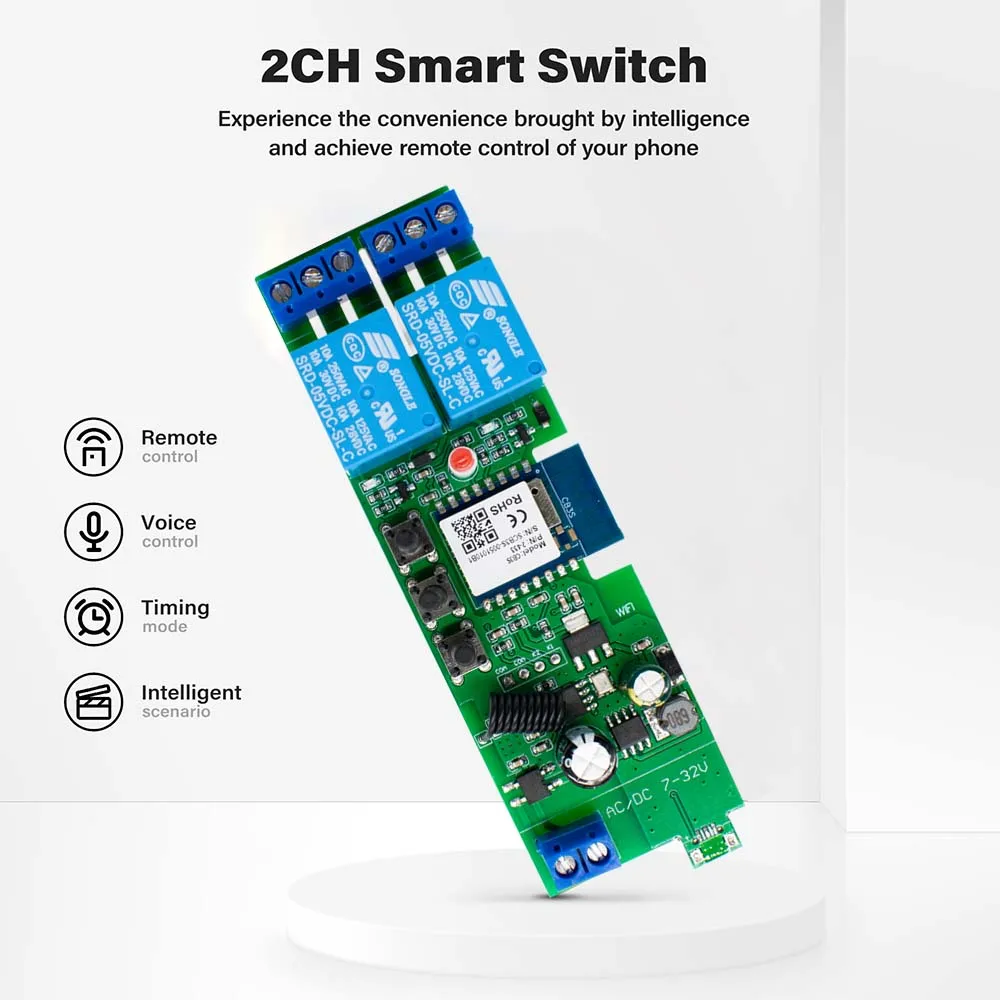 Tuya modul Relay WiFi, sakelar Remote Control rumah pintar nirkabel 2 saluran 7-32v 85-250V 220V dengan RF 433MHz Alexa Google Home