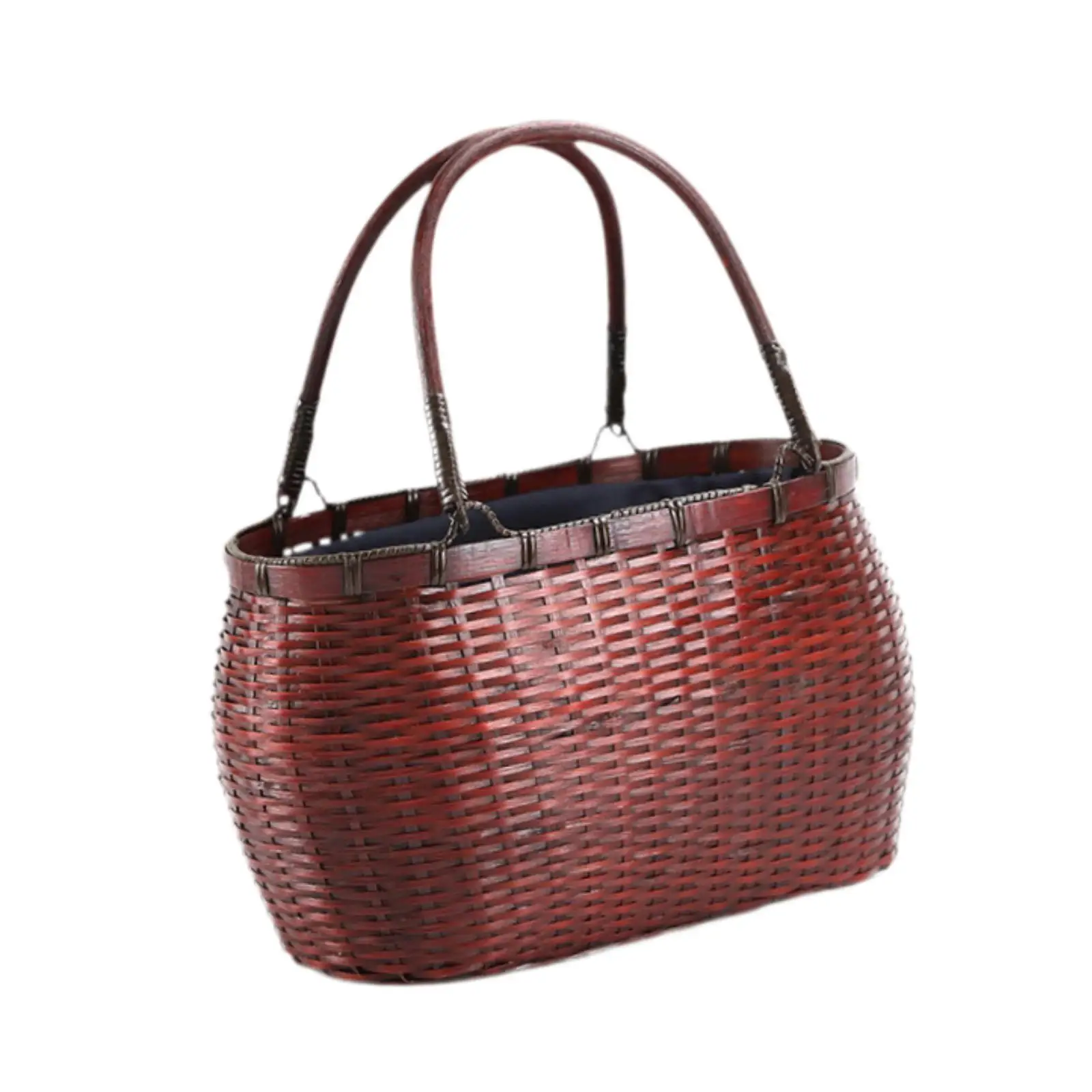 Vintage Bamboo Woven Bag for Women Summer Beach Tote Handbag Lightweight Handcrafted Purse with Linen Lining Casual Travel