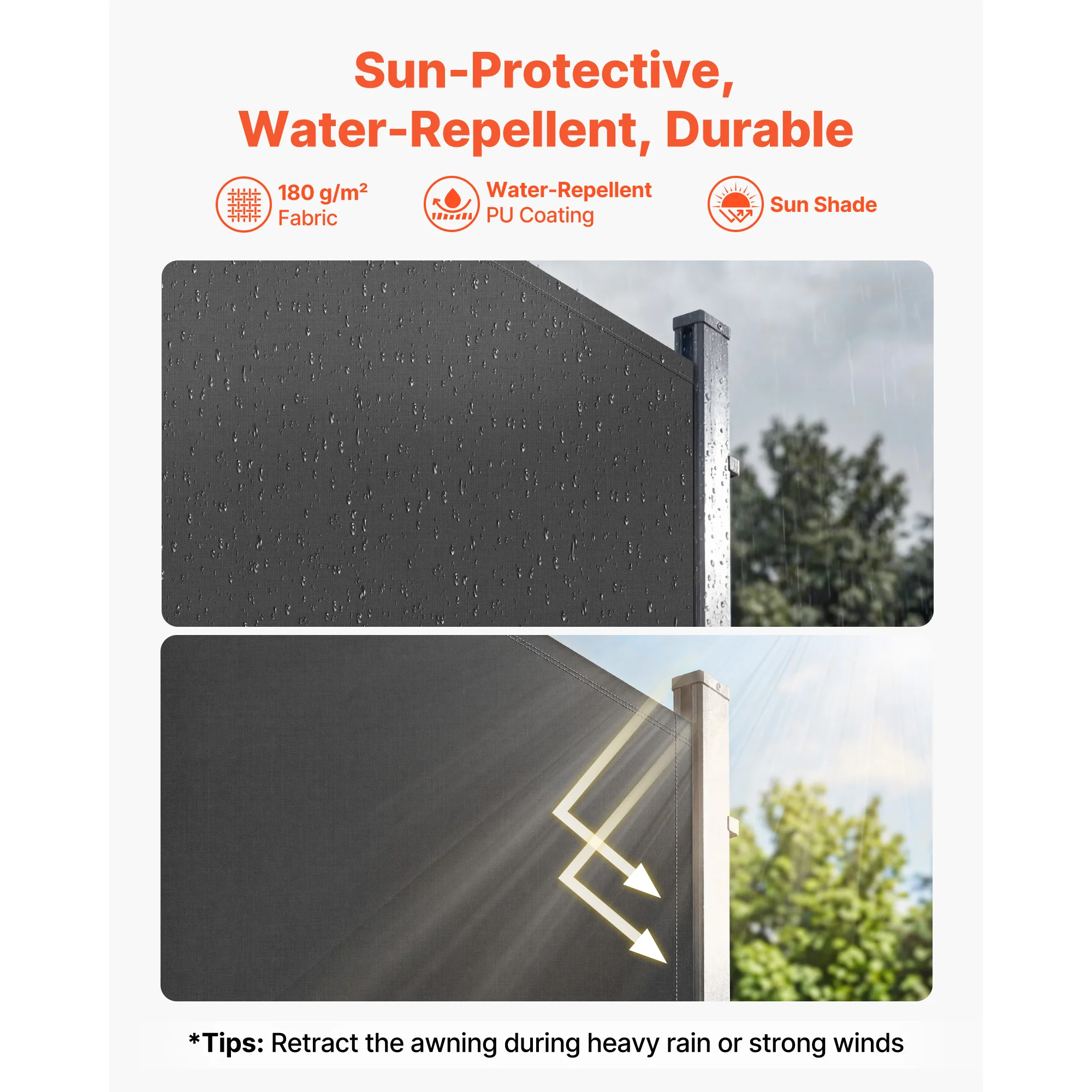 SucceBuy 71x118/71x236/73x165inch Retractable Side Awning with 180 g/m² Polyester Fabric Waterproof Sunshade for Garden Balcony