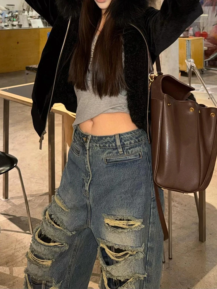 Washed American Style Hot Girl Double Layer Destroyed Denim Jeans Women's Autumn New Punk Style Trendy Floor-Length Pants