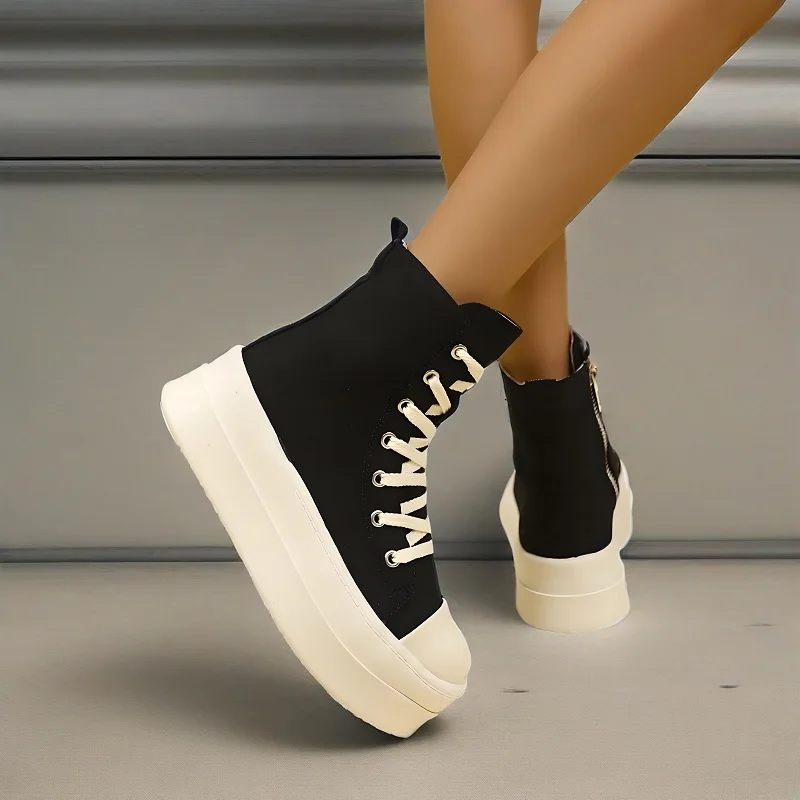 Women\'s Platform Ankle Boots High-Top Lace-Up Canvas Shoes for Spring Autumn Trendy Height-Increasing Design Shoes