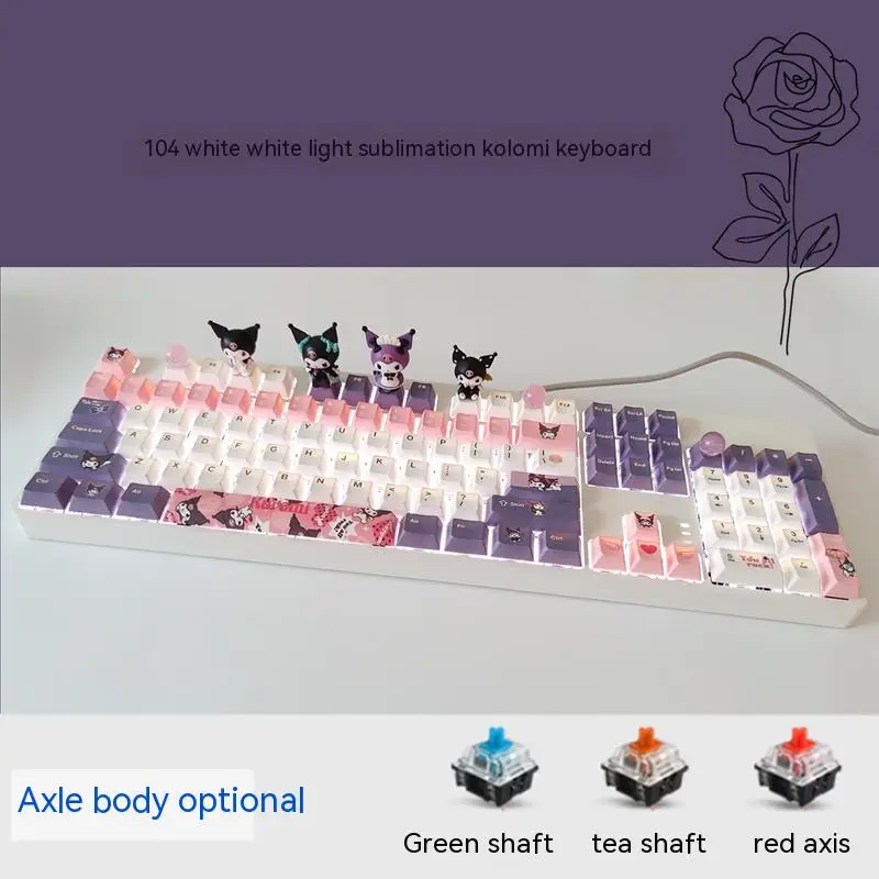 New Sanrio Kawaii Kuromi My Melody Cinnamoroll Mechanical Keyboard 87/104 Keys Anime Gaming Keyboard Hot Plug Green Tea Red Axis