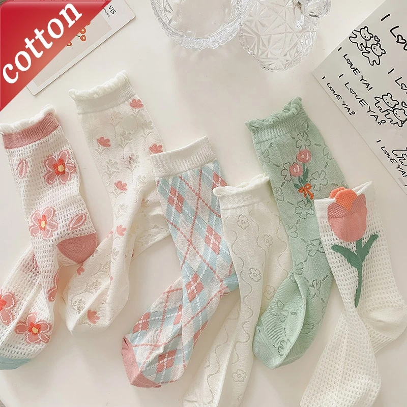 Women's Socks New Summer Thin Breathable Mesh Socks Sweet Tulips Cute Flowers Versatile Trendy Cotton Socks For Girl Wholesale