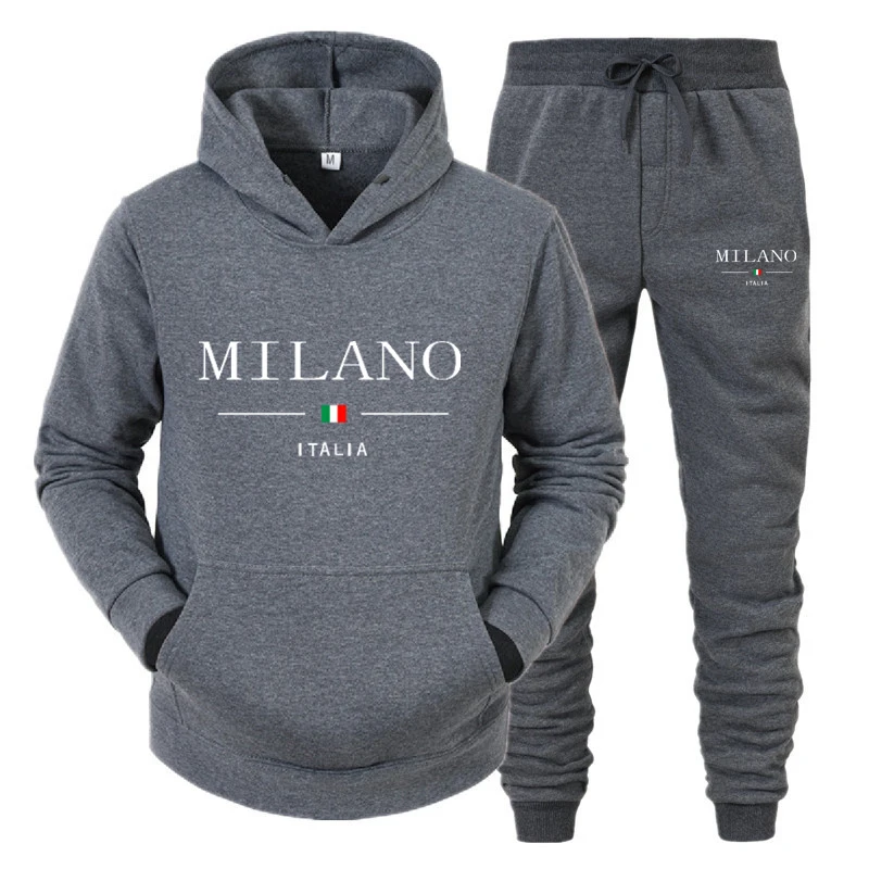 Fashionable Men\'S Hoodie Set Milan Print Luxury Sweatshirt + Pants 2-Piece Casual Suit Harajuku Street Jogging Sportswear Suit