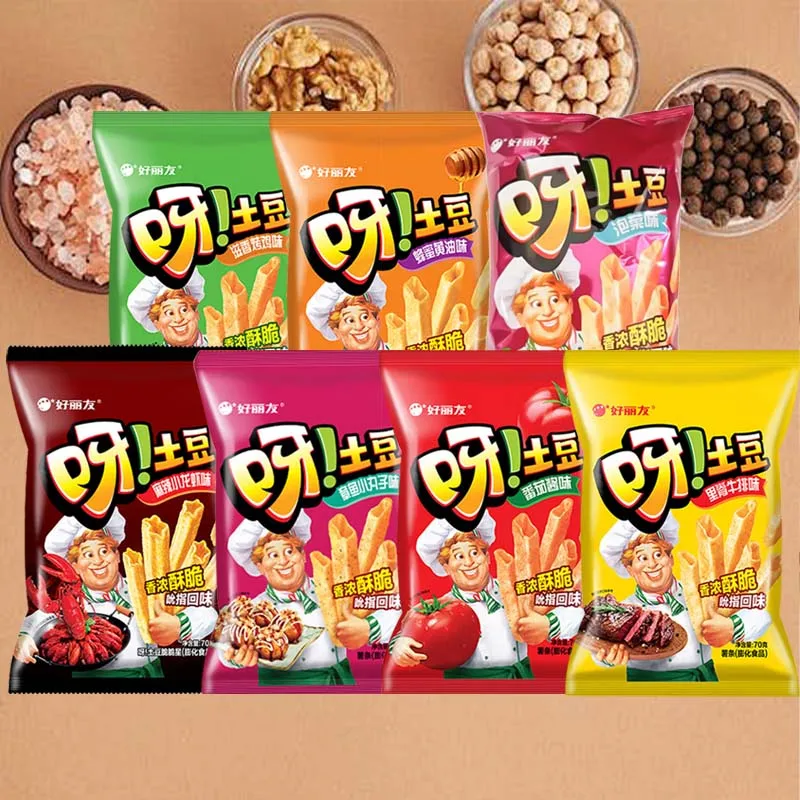 Palillos de patatas Orion Ya, 2,47 oz (70g) * 3 paquetes de ocio, comida cero, patatas fritas infladas, aperitivos nostálgicos para la infancia