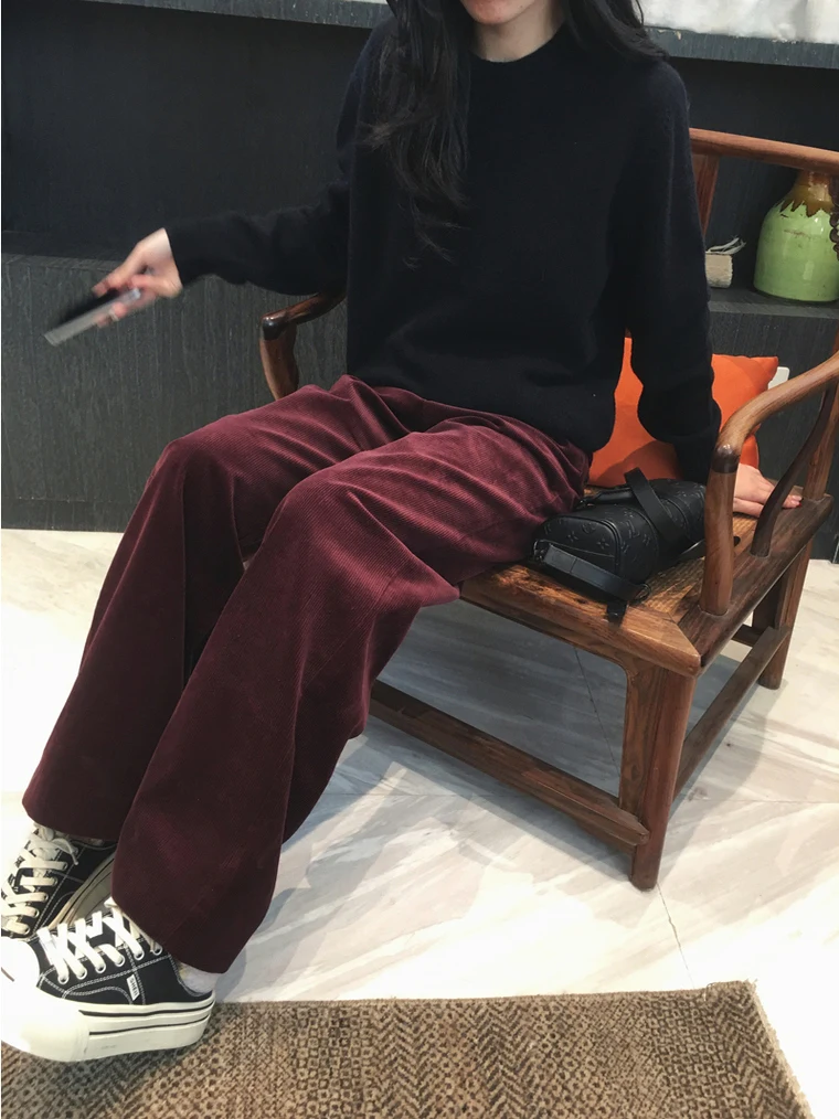 

Cuijia Autumn Winter Loose Feel Core Cotton Corduroy Straight Leg Wide Leg Pants Retro Sle l Waist Zipper Closure Lad...