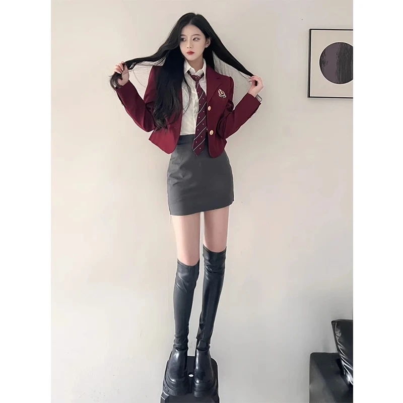 Amerykański styl College Sle JK orm Zestaw Damski Spódnica z Wysokim Stanem Dwuczęściowy Garnitur Spicy Girl Modny Ele Sensation