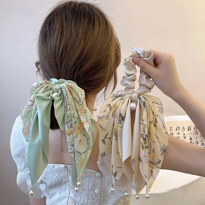 

Хит продаж: резинки для волос с цветочным принтом, жемчужным бантом и длинной лентой, высокоэластичные, для женщин и девочек