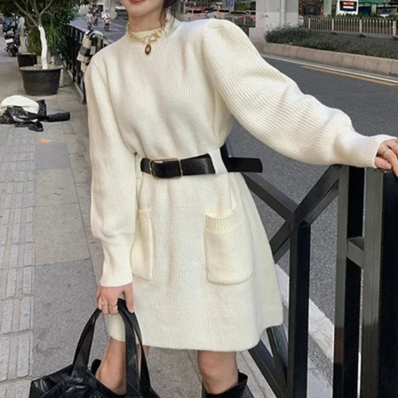 Midi Female Knit Dress Autumn and Winter Knee Length Korean Style Cover Up Women's Crochet Dresses 2025 Fashion New Features of