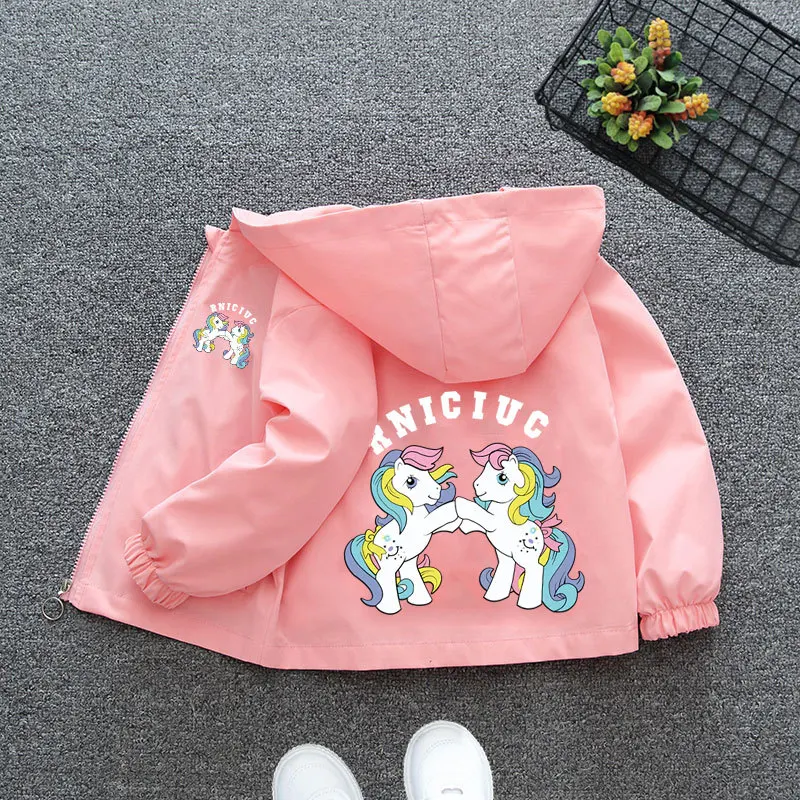 

2024 Spring Autumn Baby Girls Hooded Jacket Coats fashion Kids Cartoon Unicorn Print Long Sleeves Outerwear Kids Windbreaker Top