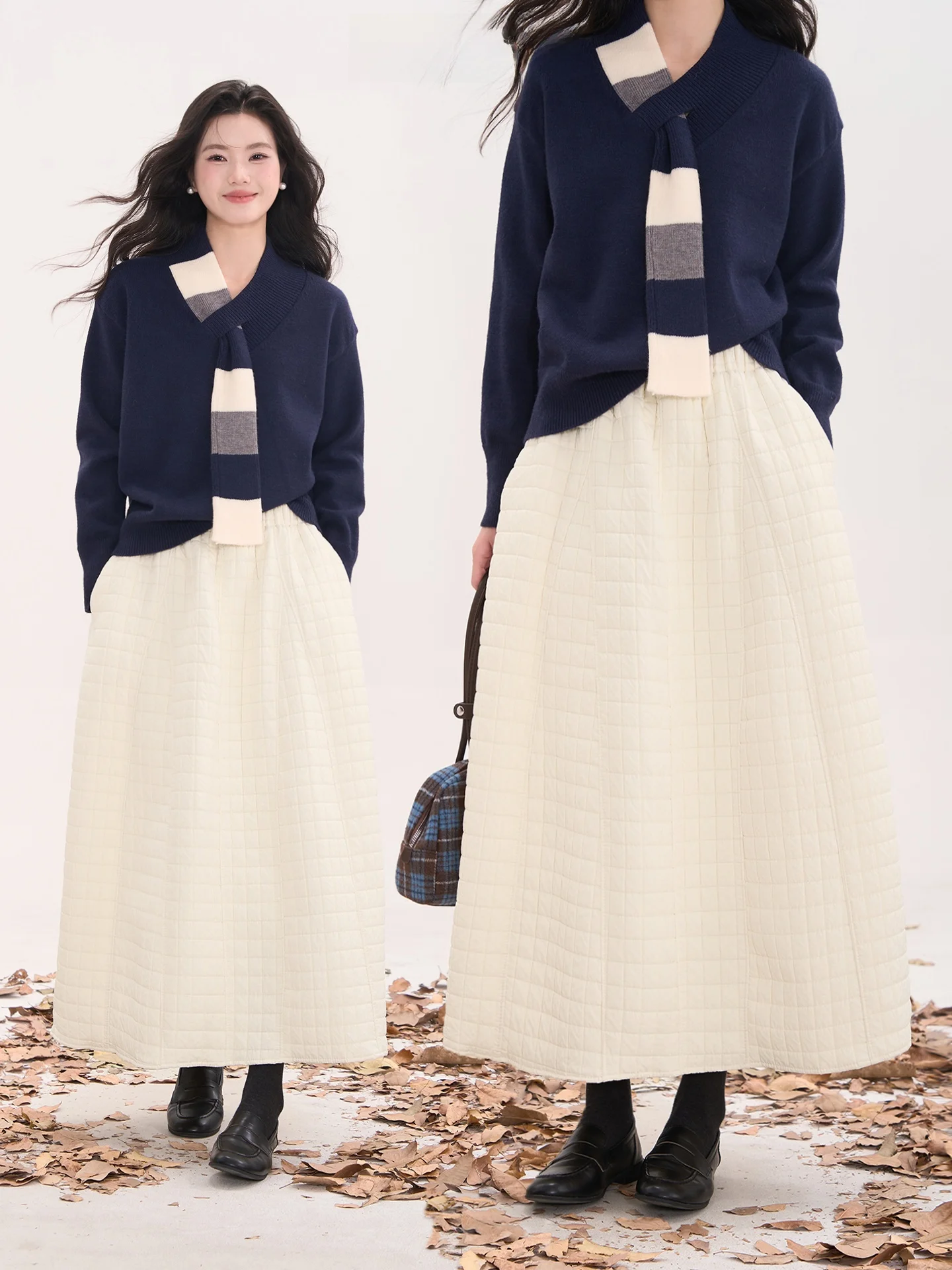 

Thiened Cotton Plaid Midi Skirt Women's Winter High Waist A-Line Skirt Casual Sle f-length Puffy Skirt