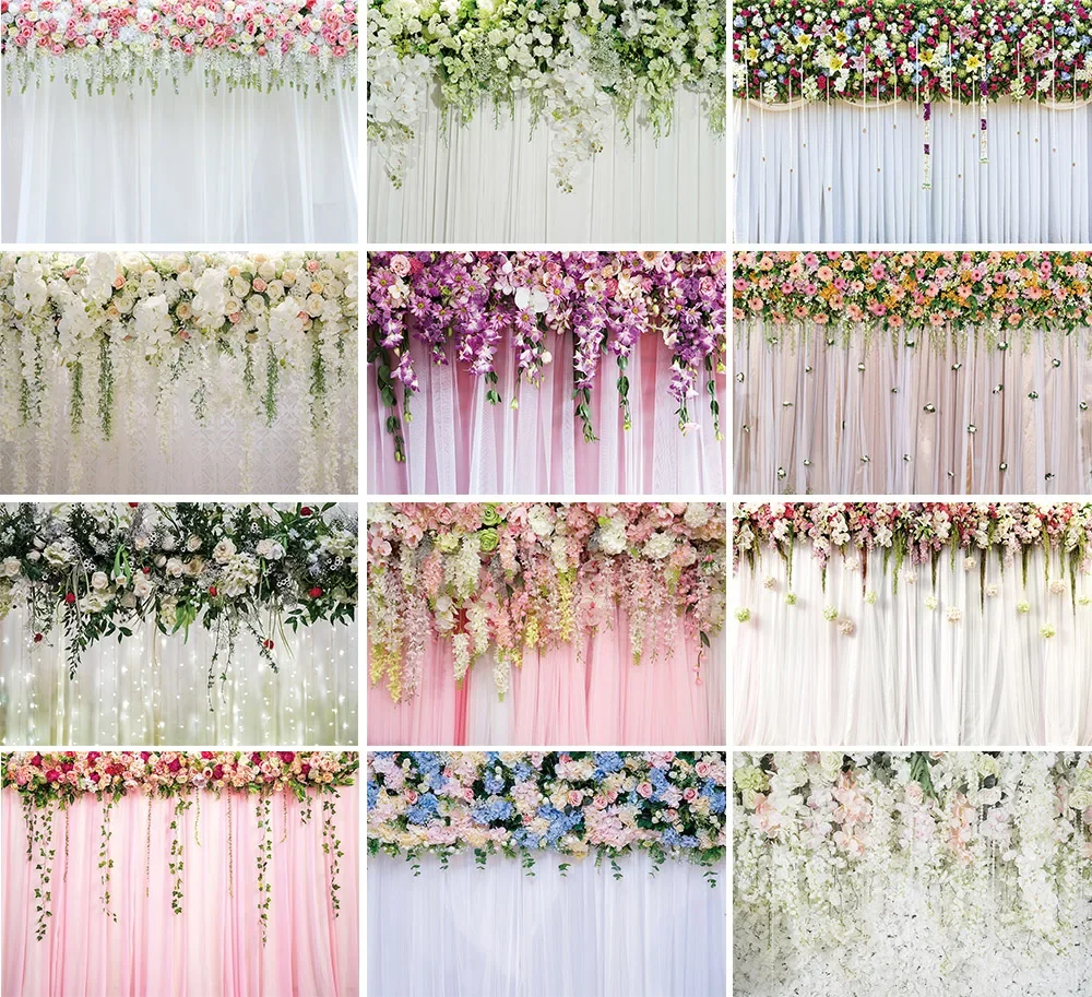 Floral Wall Backdrop for Photography Rose Flowers Wallpaper White Curtain Wedding Background for Girls Birthday Valentine\'s Day