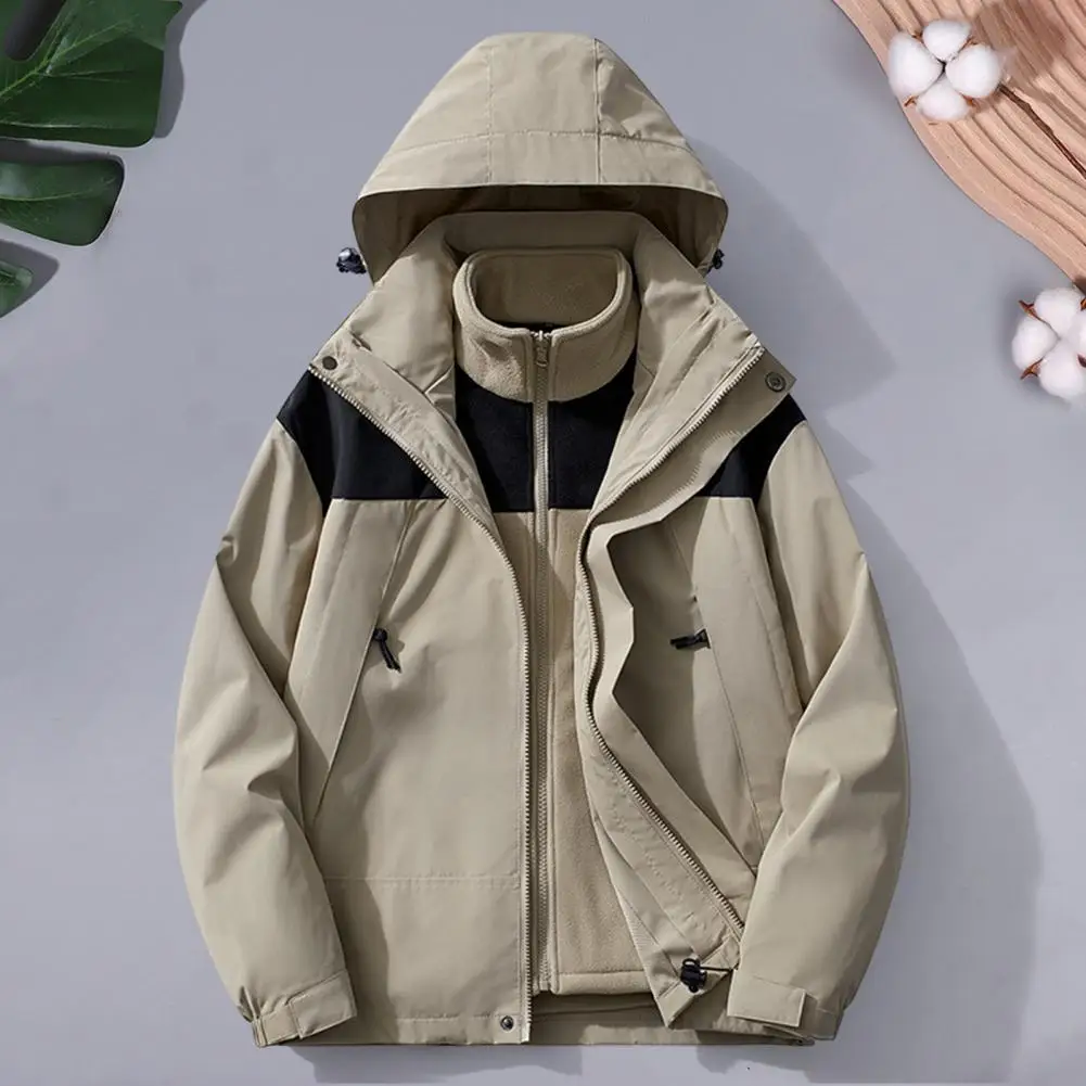 

Trench Coat with Contrasting Color Splicing Stylish Trench Coat Set with Detachable Hood Adjustable Cuffs Outdoor Jacket for Men