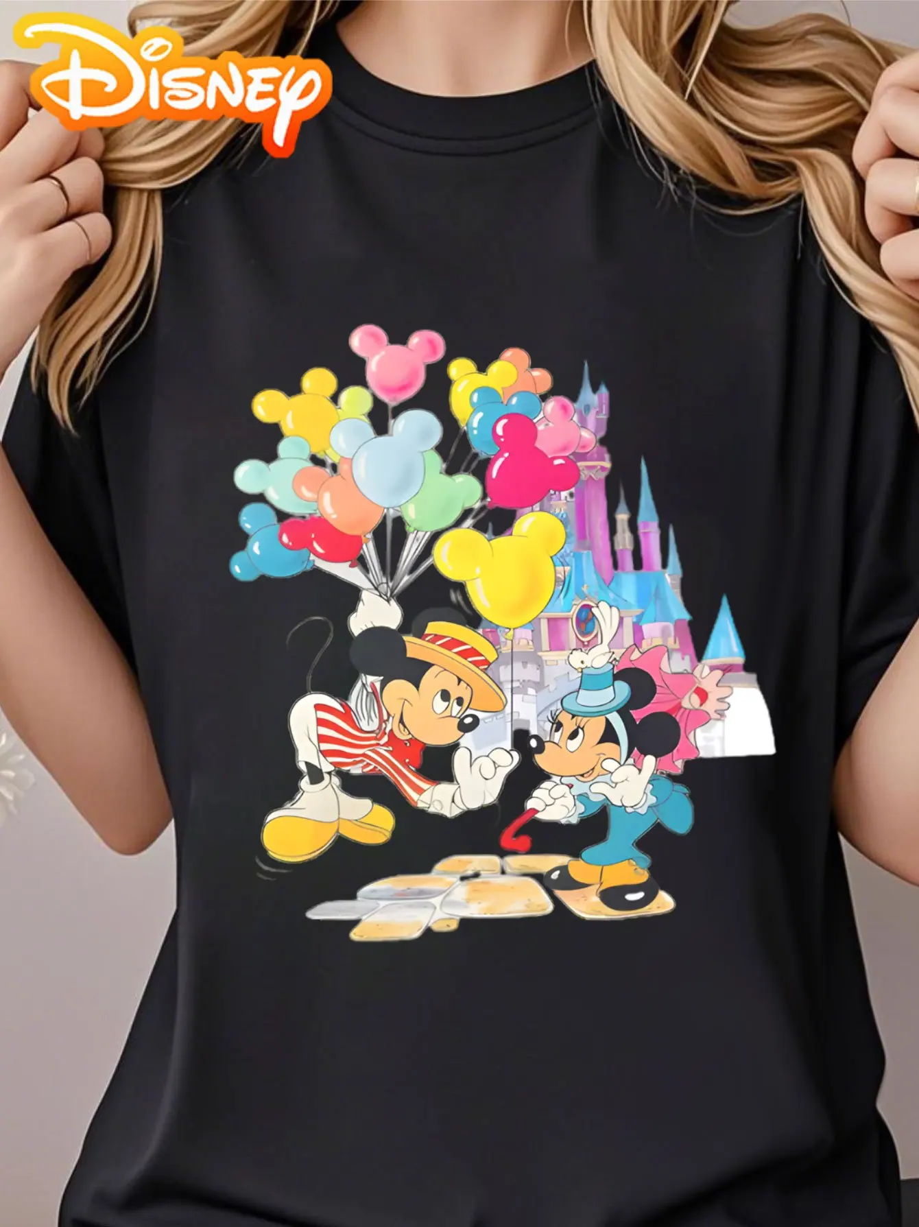 

Женская футболка с принтом воздушного шара Disney с замком Микки и Минни — подходит для работы, вечеринок и подарков, рубашка Disney