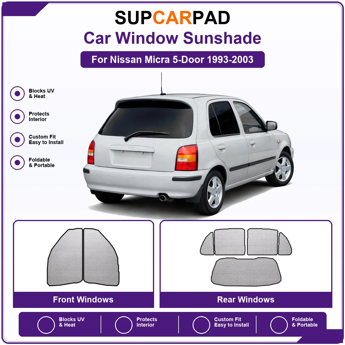 For Nissan Micra 5-Door 1993-2003 Pre‑Cut Auto Window Sunshade Anti‑UV Car Sun Visor Protector