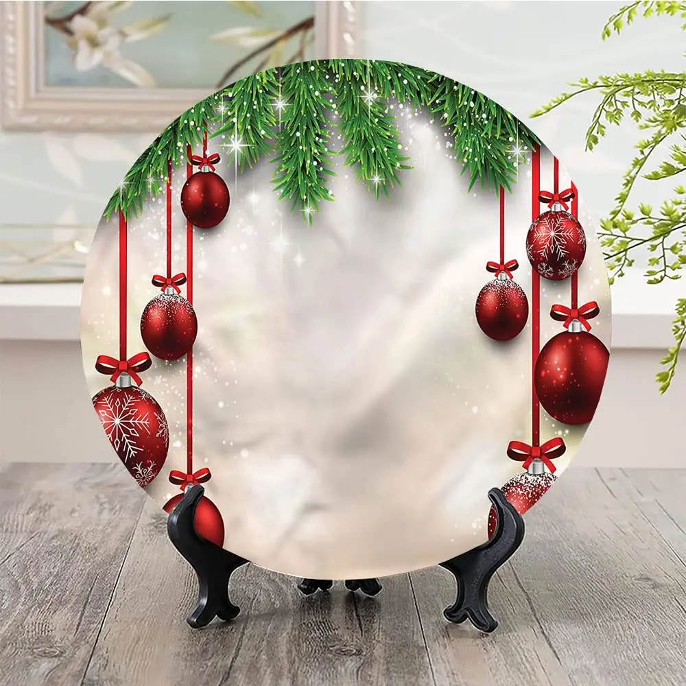 Christmas Santa Ceramic Display Plate,Christmas Ceramic Hanging Decorative Plate,Red Ball Ribbons,Household Custom Ceramic Plate