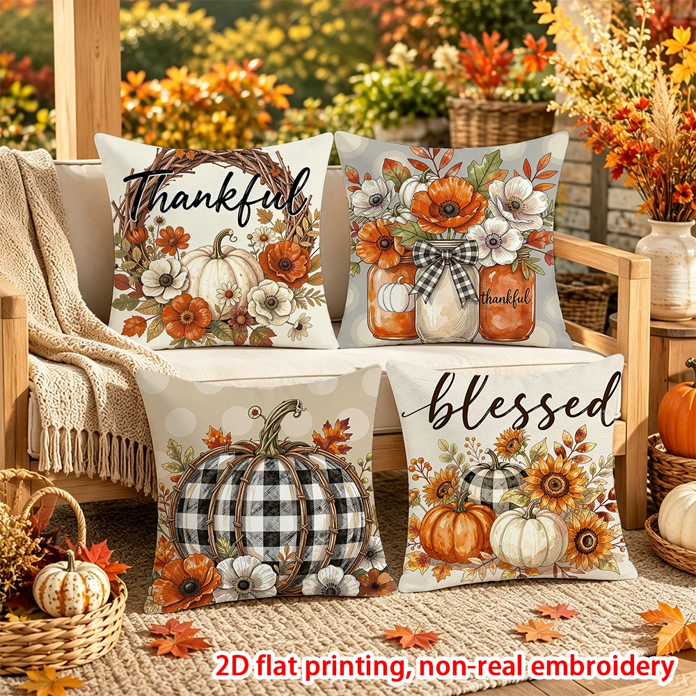 4PCS Fall Sweet Fall Pumpkin Throw Pillow Covers, Rustic Autumn Farmhouse Decorative Cushion Cases for Sofa Couch