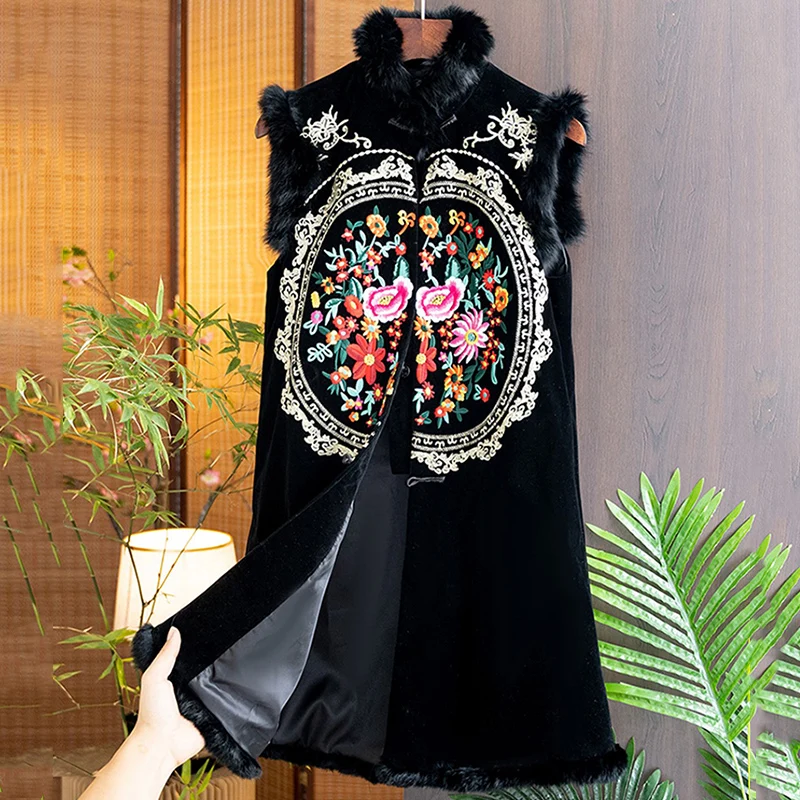 Stand Collar Splicing Rabbit Fur Vest Women Autumn And Winter New Chinese Style Flowers Embroidery Sleeveless Coat S-XXL