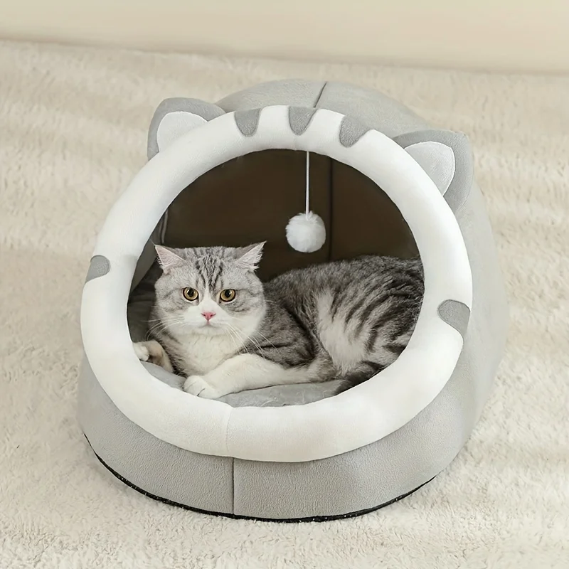 Four Season Cartoon Cat Ear Cat Bed Cave Mat Soft Warm Plush Pet Nest with Pom Pom Toy for Indoor Cats Small Dogs