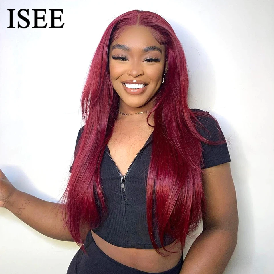 

Wear And Go Glueless Wig ISEE Brazilian Straight 99j Burgundy Lace Front 6x4 Lace Glueless Preplucked Human Wigs Ready To Go