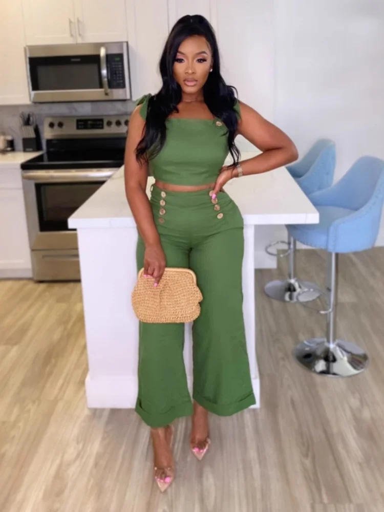 

Three Sisters New Arrivals 2025 Summer Fashion Elegant Casual Sleeveless Slim Fit Wide Leg 2 Piece Sets Woman Outfit Pantsuits