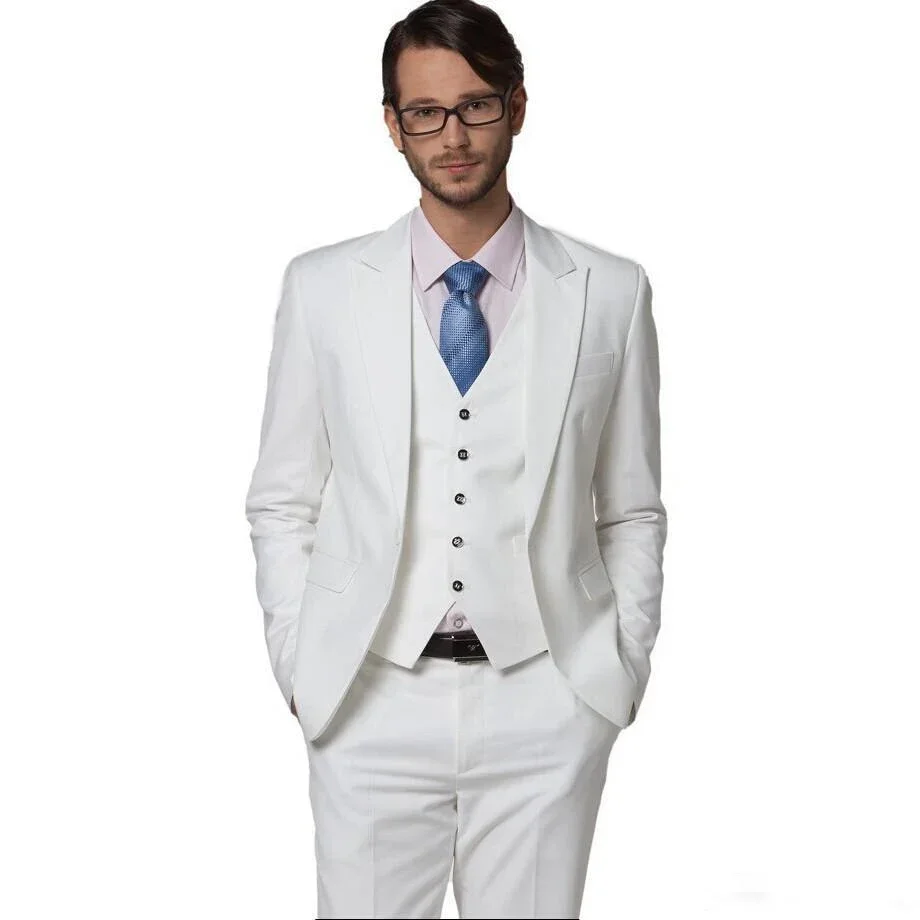 

Elegant White Wedding Men Suits Casual Slim Fit High Quality Blazer Hombre Groom Tuxedo Prom Custom 3 Piece Set Costume Hommede